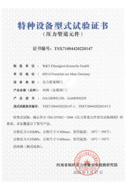 維替TSG-閘閥證書